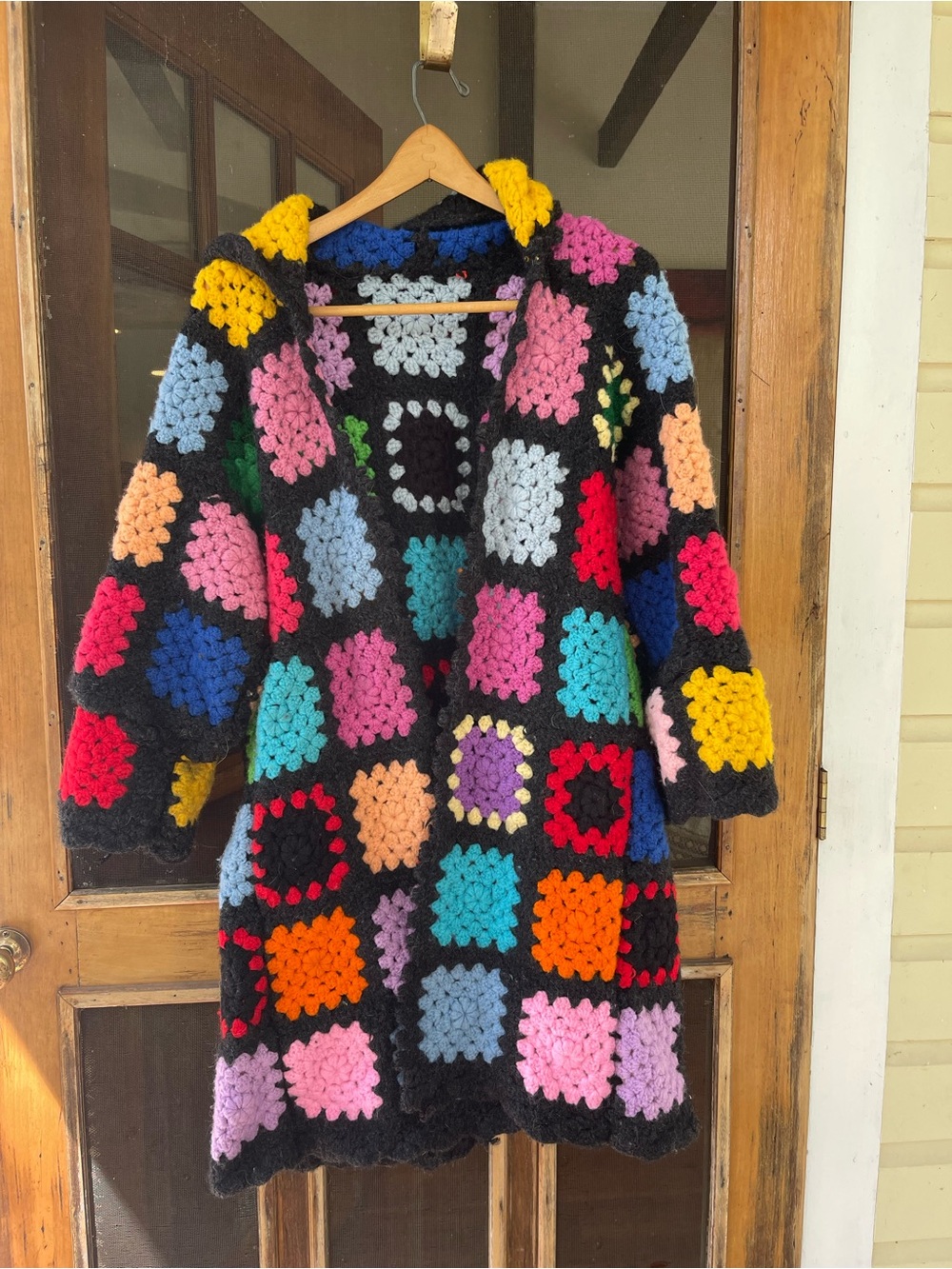 Handmade Multicolor Crochet Granny Square Hooded Coat - Black Base